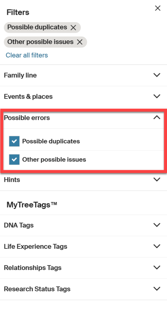 Ancestry All People Filters showing Possible Errors Category