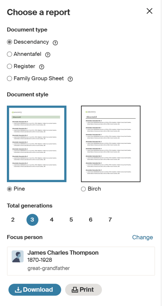 Ancestry Charts and Reports Settings Panel