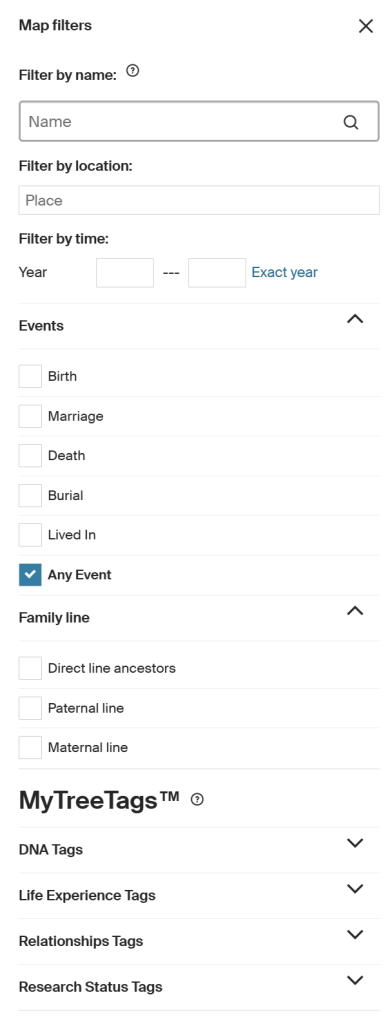 Ancestry Map Filters Showing Category Details