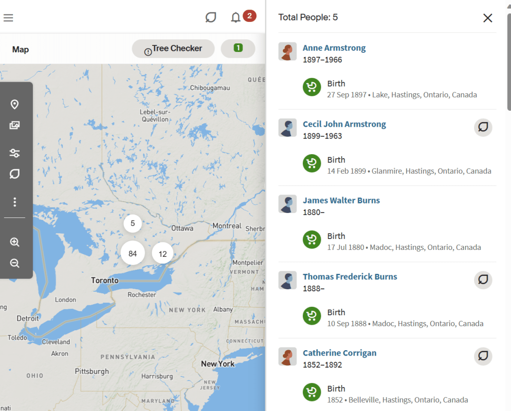 Ancestry Map Filters with applied showing profiles