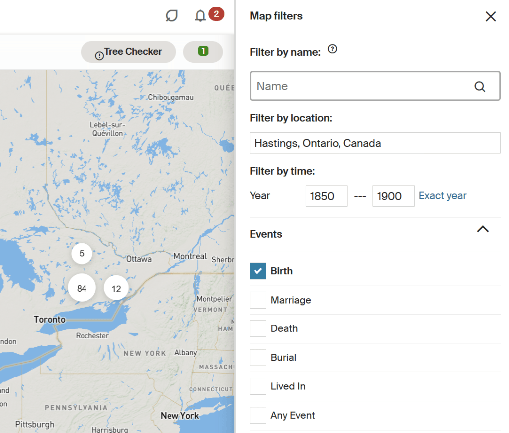 Ancestry Map Filters with place date and event applied