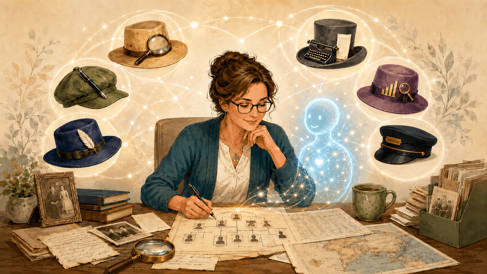AI for genealogy: a genealogist surrounded by a research team of specialist hats