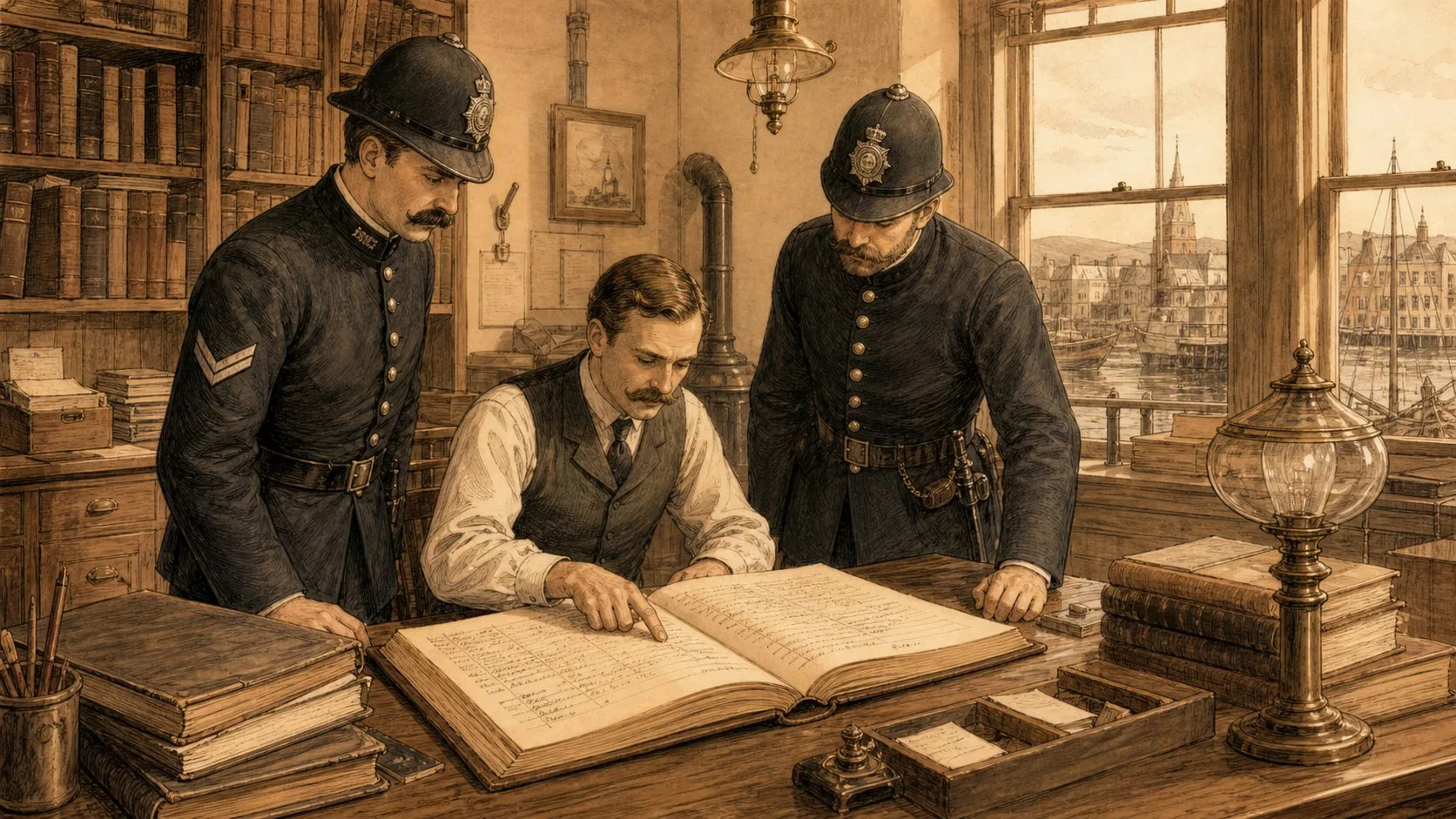 Policeman looking at a charge book