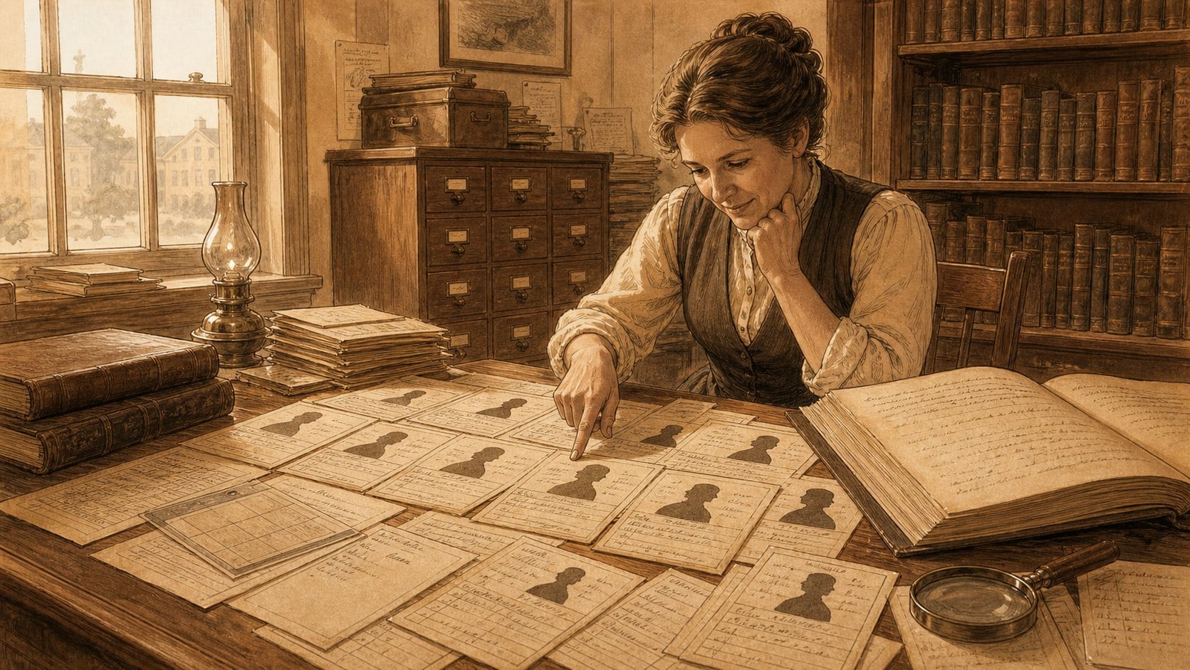 Sepia illustration of a woman pointing at rows of index cards spread across a desk, each card bearing the same silhouette portrait of a man
