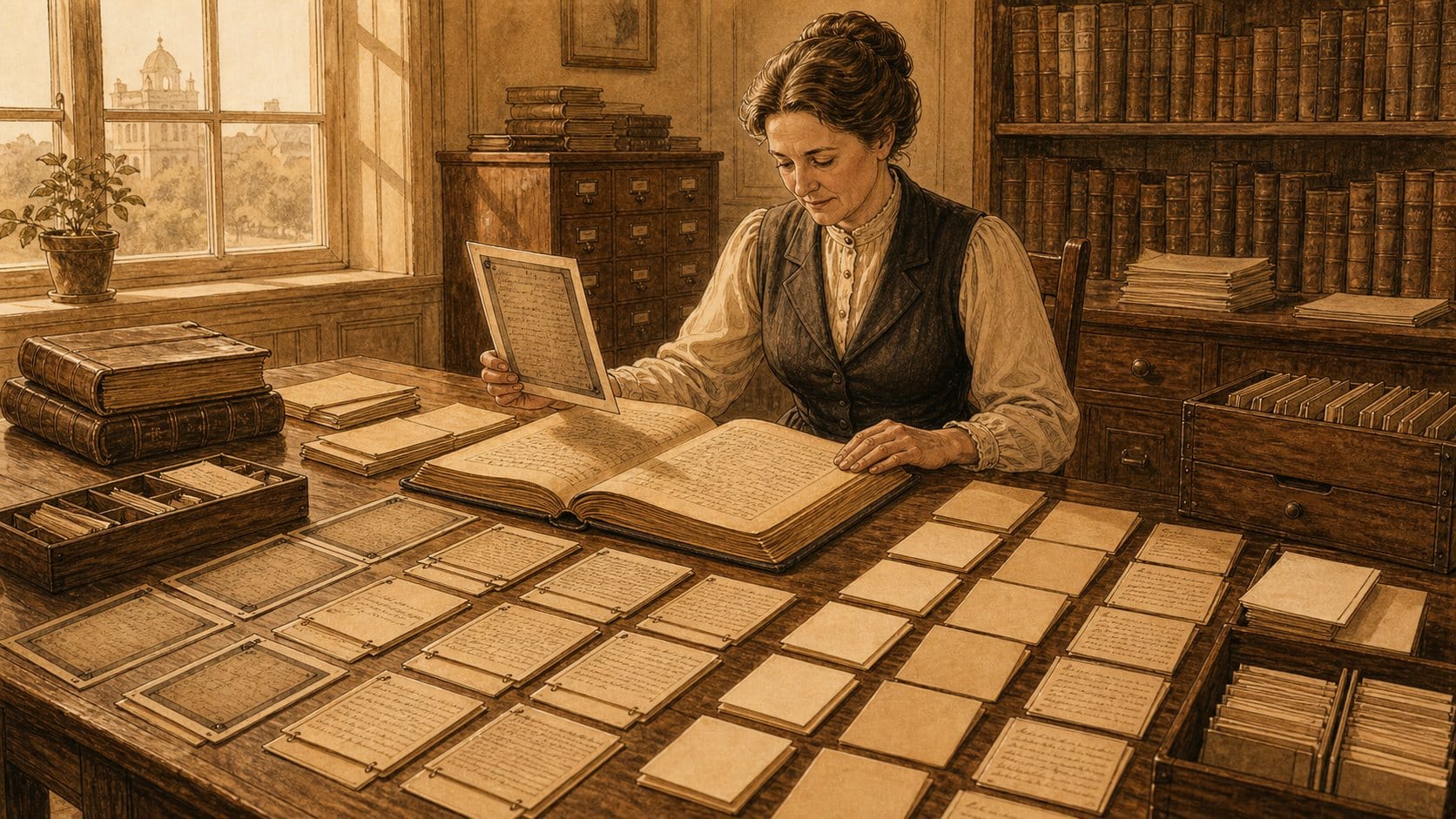 Sepia illustration of a woman verifying a handwritten page against an open ledger, with tidy rows of index cards laid out across the desk