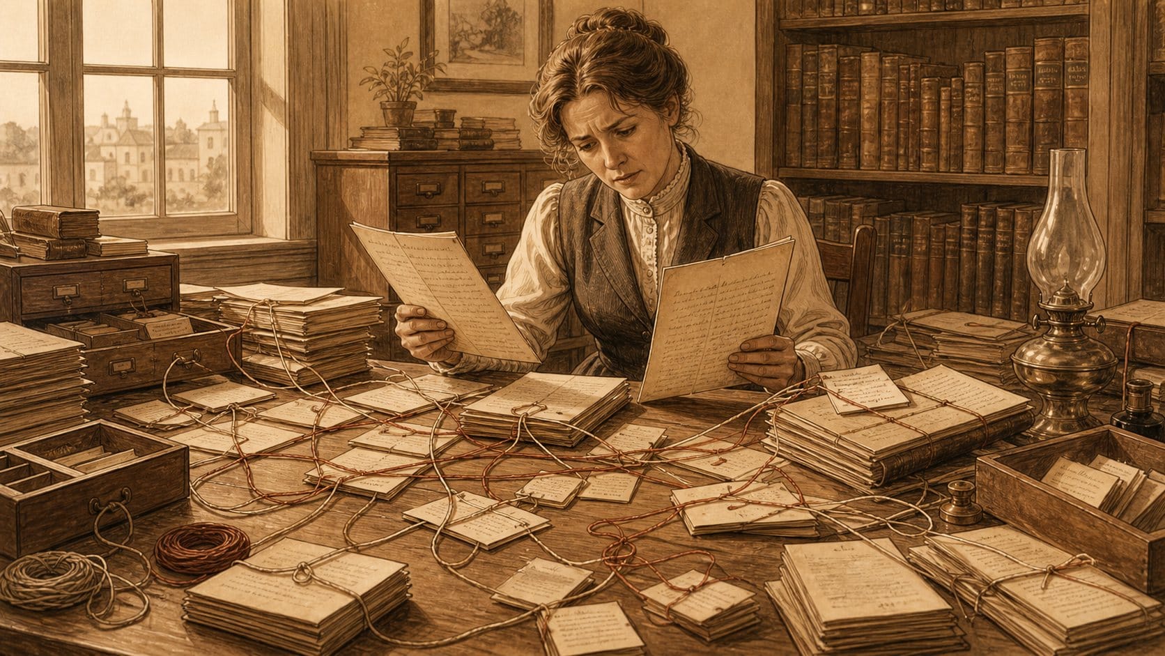 Sepia illustration of a woman comparing two handwritten pages at a desk covered in bundles of index cards tangled together in knotted string