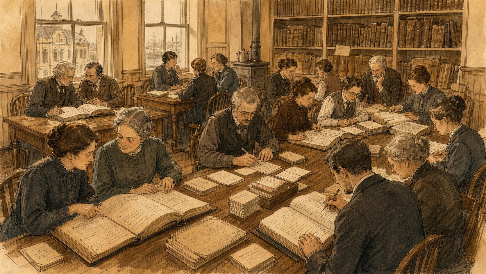 Sepia illustration of a room of volunteers in Victorian dress seated at wooden tables, transcribing entries from large handwritten ledgers onto paper index cards, with a frontier city visible through the windows