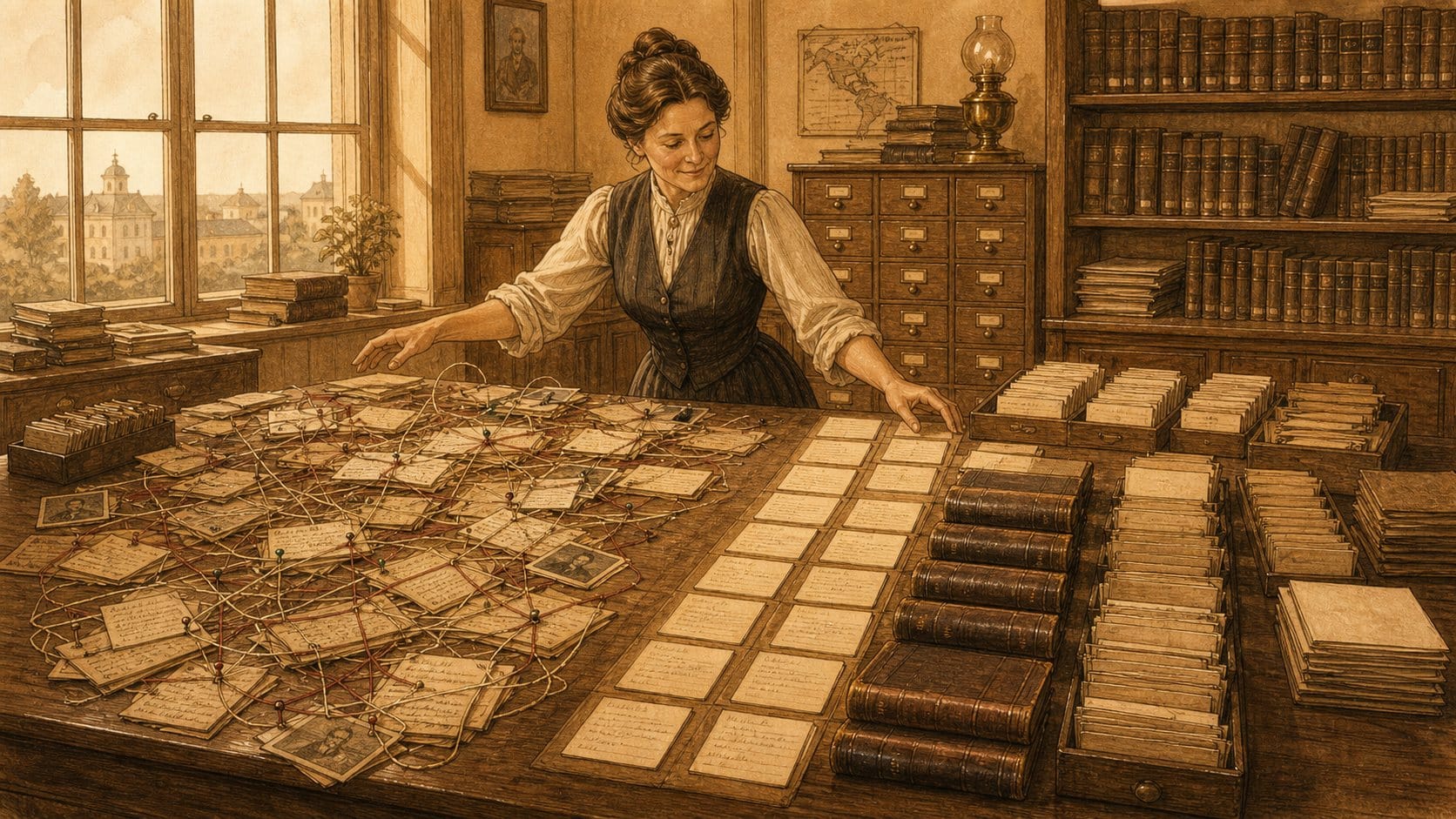 Sepia illustration of a woman at a long table, with a tangled web of cards and thread on one side and neat, ordered rows of cards and ledgers on the other